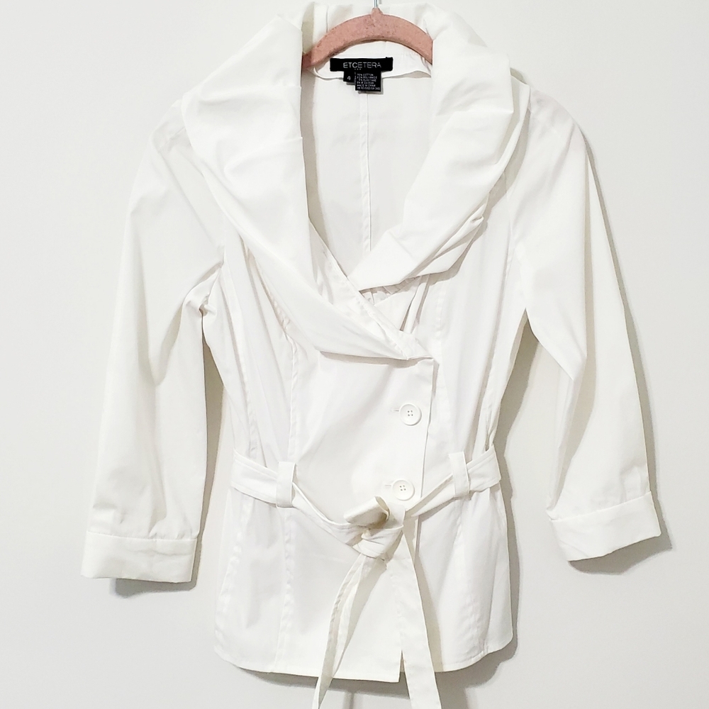 Etcetera White Draped Collar Button Front Blouse Jacket